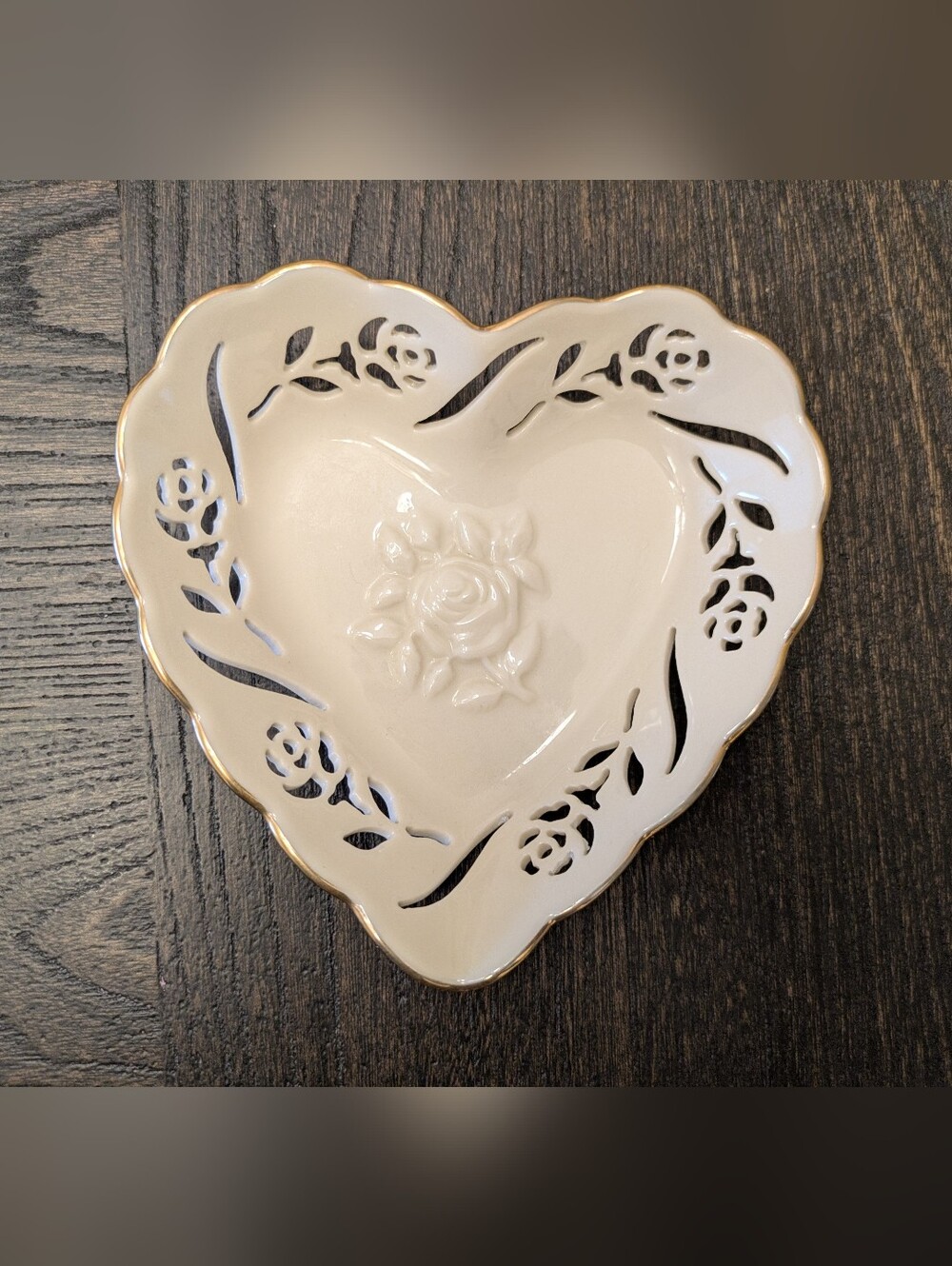 Vintage Lenox Ivory Porcelain Heart Tray - Rosebuds Pattern with Gold Trim